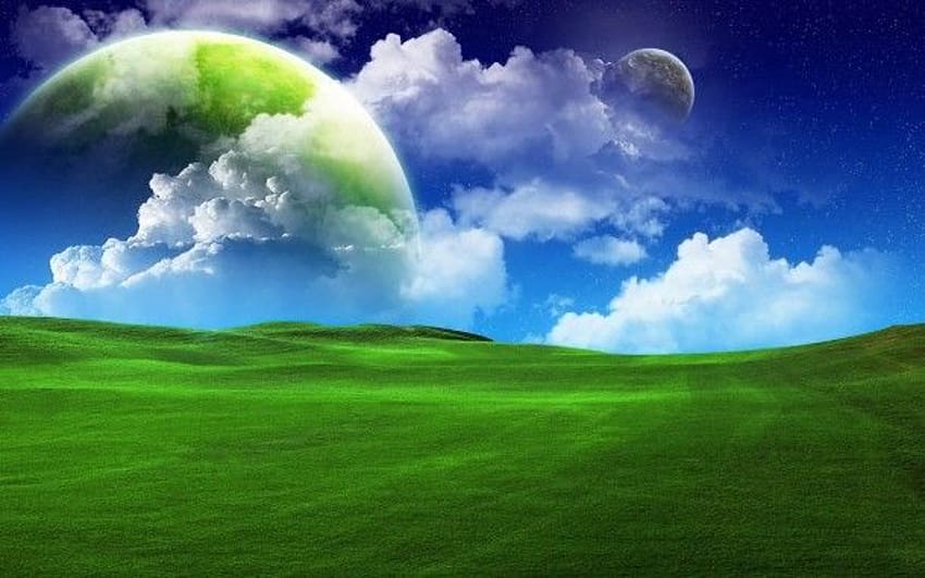 nature, planet, grassland, moon, fantasy, landscape HD wallpaper
