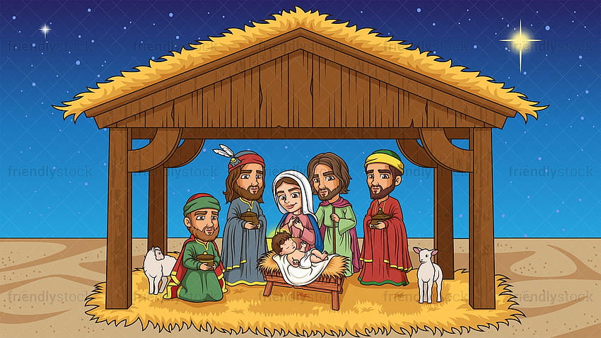 Escena de la Natividad el nacimiento de Jesucristo dibujos animados Vector Clipart, dibujos animados de Jesús fondo de pantalla