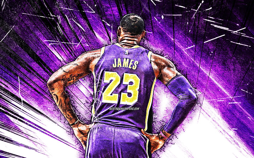 LeBron James, vista posterior, arte grunge, Los Angeles Lakers, NBA, uniforme violeta, estrellas de baloncesto, LeBron Raymone James Sr, rayos abstractos violetas, LeBron James, baloncesto, LA Lakers, creativo, LeBron fondo de pantalla