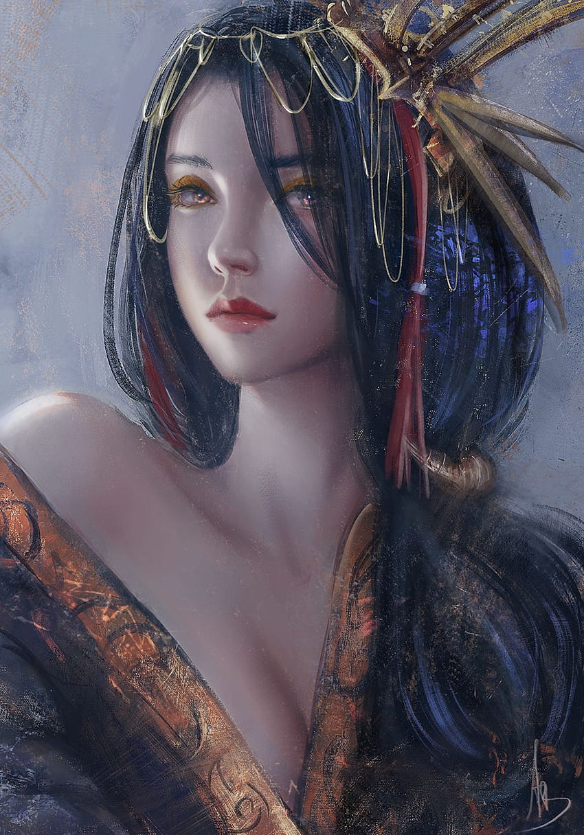 Oeuvre japonaise Portrait de femme regardant le spectateur Fantasy Art Fantasy Girl Red Lipstick Asian, women asian art Fond d'écran de téléphone HD