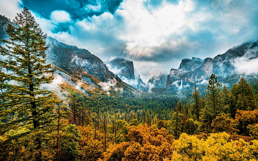 Национален парк Йосемити, есен, планини, гора, Сиера Невада, Калифорния, САЩ, красива природа, есенен пейзаж с резолюция 3840x2400. Високо качество, Йосемити през есента HD тапет