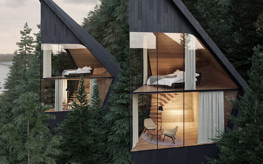 : natura, architettura, moderno, foresta, Dolomiti, casa, pini, finestra, sedia, letto 1600x1000, case futuristiche Sfondo HD