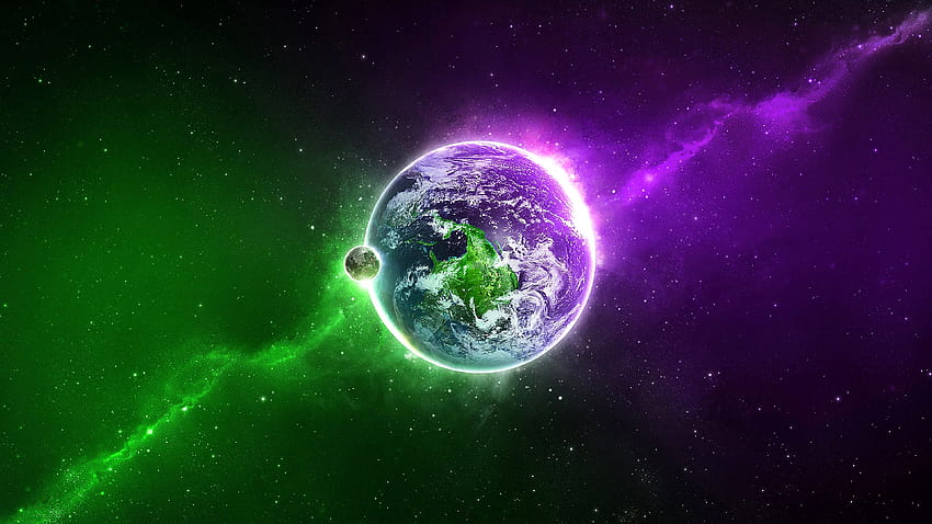 Yeşil ve Mor Uzayda Ay ile Dünya HD duvar kağıdı