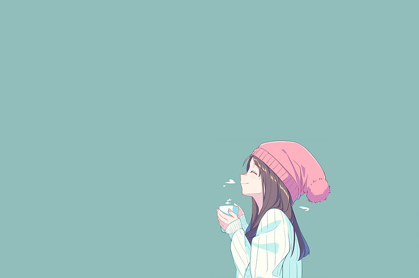 2560x1700 Urocza dziewczyna z anime, uśmiechnięty, widok profilu, kawa, czapka z daszkiem, brązowe włosy na Chromebooka Pixel, fajny profil anime Tapeta HD
