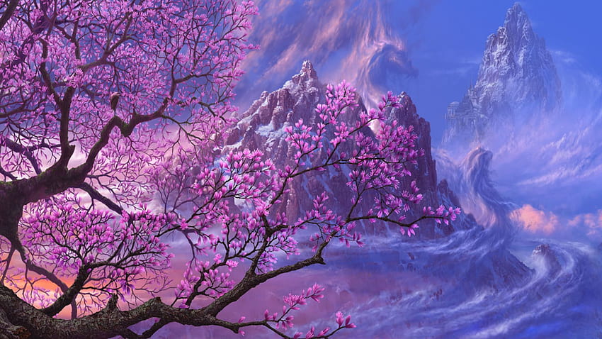trees, dragons, purple, fantasy art, Asia, artwork, anime, purple anime HD wallpaper