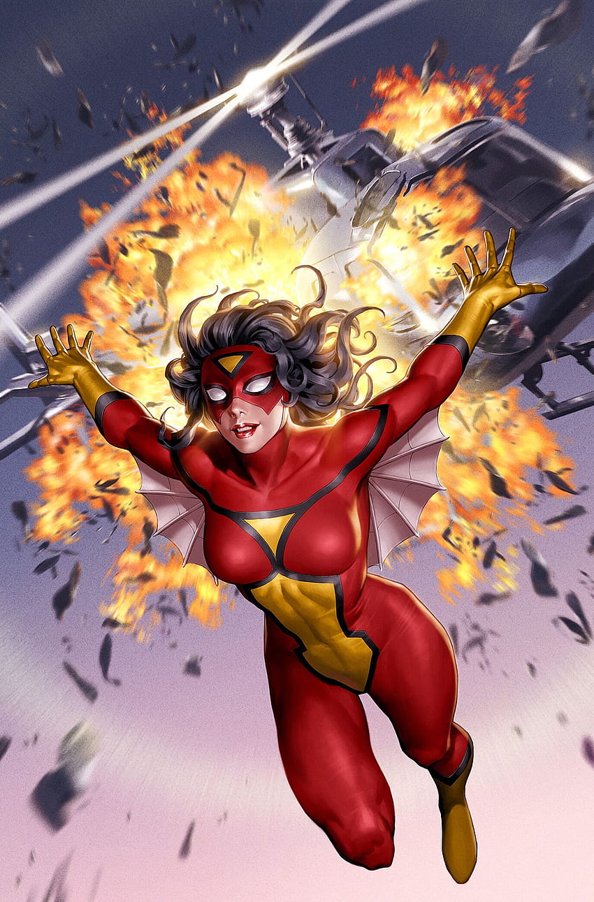 : Junggeun Yoon, women, Marvel Comics, costumes, helicopter, explosion, Fly, Spider Woman 1375x2088, women helicopter HD phone wallpaper