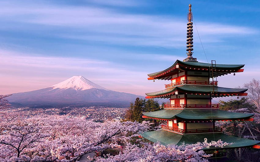 Japan, Sakura, Turm, Blick auf die Berge, den Berg Fuji, schöne Landschaft, Japan Sakura HD-Hintergrundbild