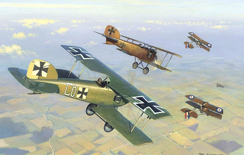 ท้องฟ้า รูป ศิลปะ ด้านหน้า เครื่องบิน อังกฤษ dogfight เยอรมัน Albatros WW1 D ID II ตะวันตก 1916год DH 2 ส่วน авиация เครื่องบิน ww1 วอลล์เปเปอร์ HD