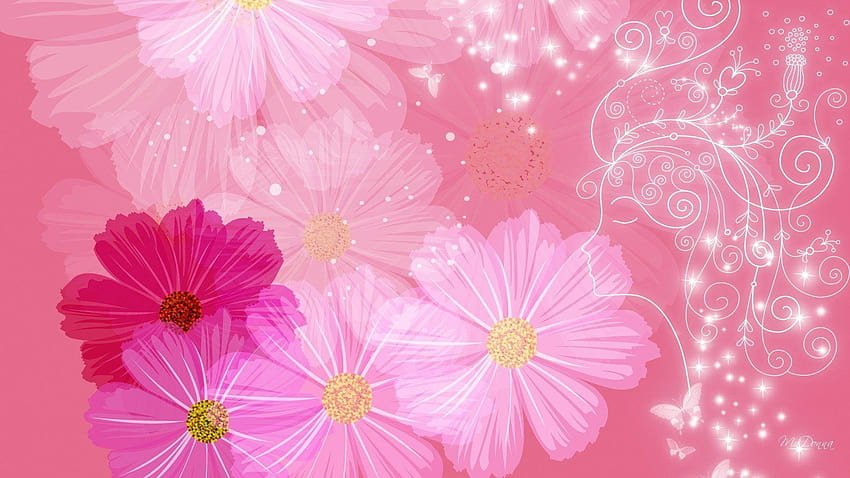 Flower: Pink Demand Flowers Sparkles Summer Shaded Scrolls Layers, feminine HD wallpaper