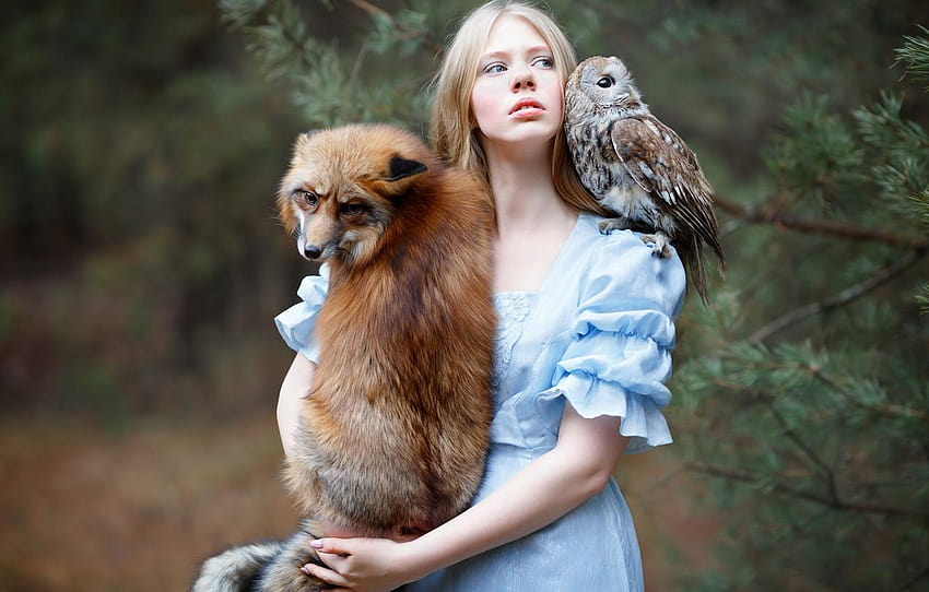 girl, owl, bird, Fox, red, friends, Julia Kowalska HD wallpaper