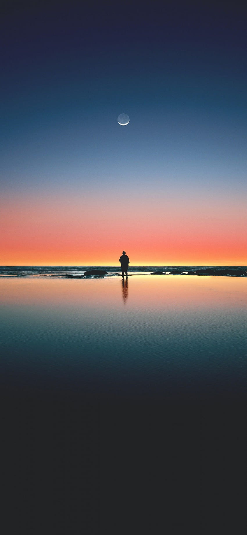 Horizon , Beach, Man, Alone, Sunset, Silhouette, Crescent Moon, Reflection, Nature, crescent beach HD phone wallpaper