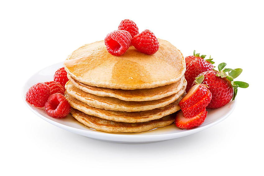Pancake Raspberry Strawberry Food Plate White backgrounds HD wallpaper