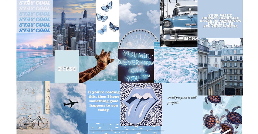 macbook collage baby blue aesthetic vintage, summer collage blue laptop HD wallpaper
