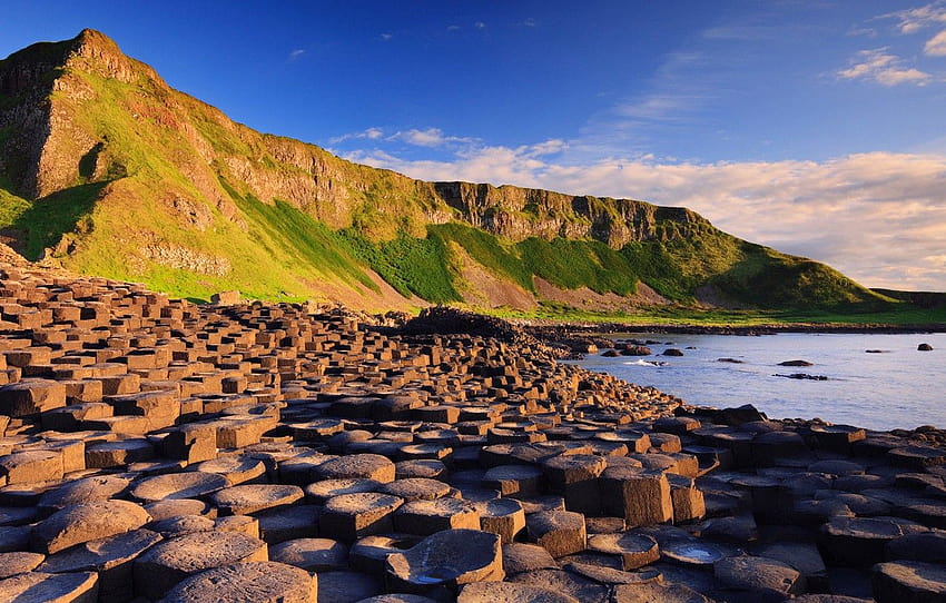 sky, sea, landscape, nature, water, mountains, clouds, giant causeway ireland HD wallpaper
