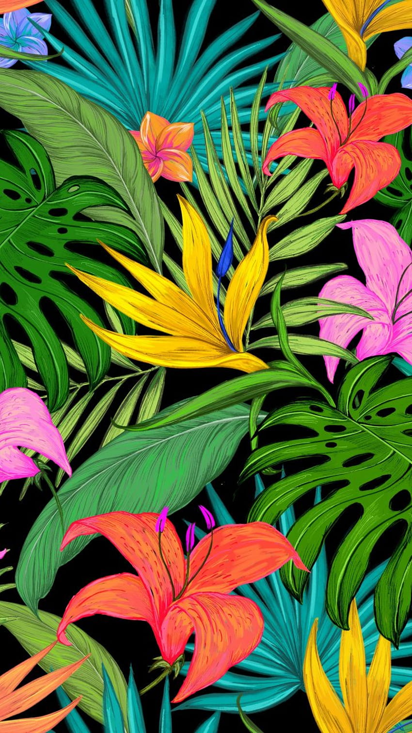 Motivo, tropicale, fiori, foglie, 720x1280, foglie di fiori colorati Sfondo del telefono HD