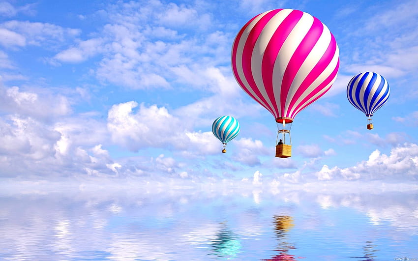 : balon, niebo, niebieski, balon na gorące powietrze, latanie balonem, dzień, Chmura, Sporty powietrzne, pojazd, odbicie, Środek transportu, lato, zabawa, atmosfera, aerostat, zaopatrzenie stron, rekreacja, podróże powietrzne, wolny czas Tapeta HD