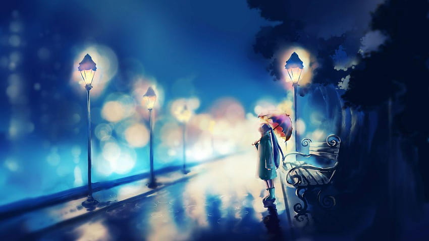 Original umbrella red alone girl blue anime, alone cartoon HD wallpaper