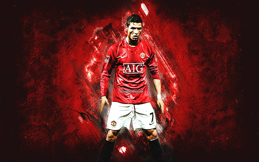 Cristiano Ronaldo, CR7, Manchester United FC, young Ronaldo, Premier League, red stone background, football, grunge art, England with resolution 2880x1800. High Quality HD wallpaper