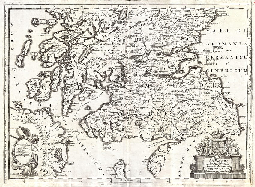 Antique map of southern Scotland by Vincenzo Maria Coronelli, 1690, cadastral HD wallpaper