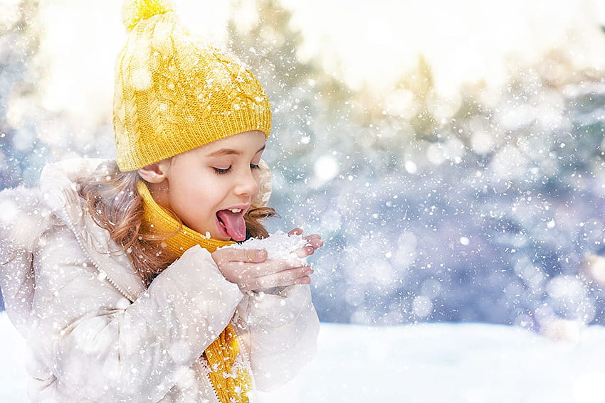 어린 소녀 아이 겨울 겨울 모자 눈송이, 겨울철 어린이 HD 월페이퍼