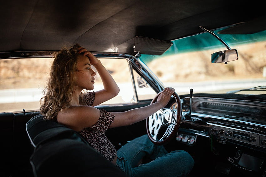 : blonde, looking away, car, sitting, jeans, women with cars, hands on head, pants, Jesse Herzog, driving, land vehicle, automotive design, automobile make 2048x1365, women driving HD wallpaper