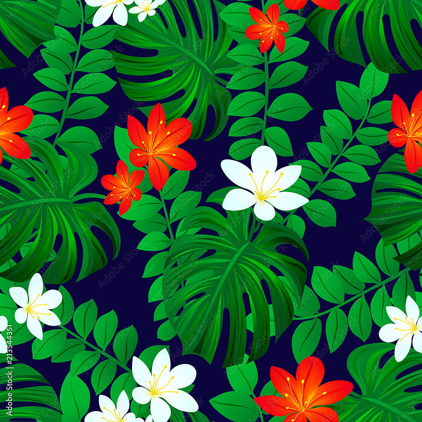 Летен тропически фон. Тропически безшевен модел. Повторна текстура на екзотични листа. Векторна карта. Цветни цветя с тропически растения от джунглата, цветя. Ярки цветове. Зелено, червено, бяло, тъмно. Стоков вектор, тропически цветове HD тапет за телефон