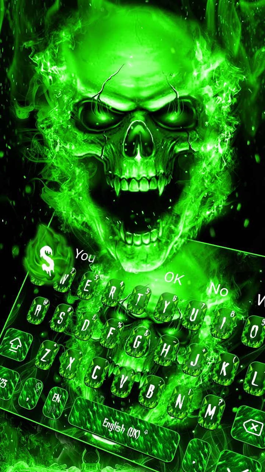 Klawiatura Green Fire Flame Skull dla Androida Tapeta na telefon HD