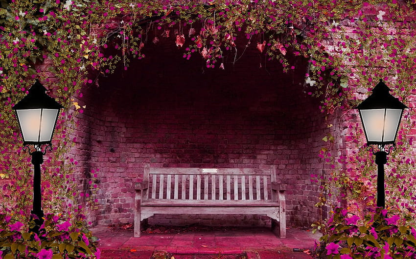 Spring garden flowers arch bench lights pink lamps brick, light spring HD wallpaper