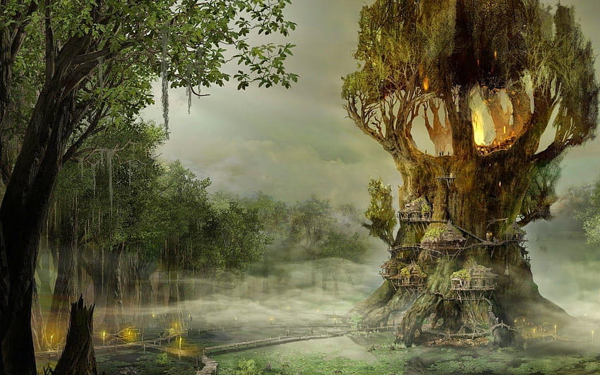 Beautiful Tree House fantasy fairy tale HD wallpaper