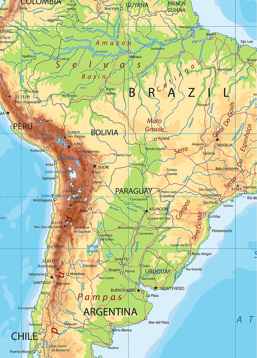 Drukuj mapę Mapa fizyczna Ameryka Południowa, mapa Ameryki Południowej Tapeta na telefon HD