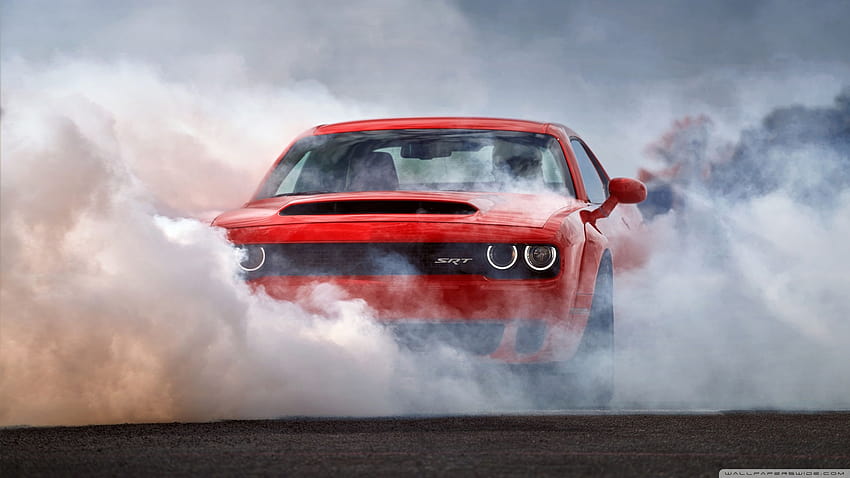 Car Dust Smoke Dodge Challenger SRT Dodge Challenger Hellcat Burnout Muscle Car Red Cars HD wallpaper