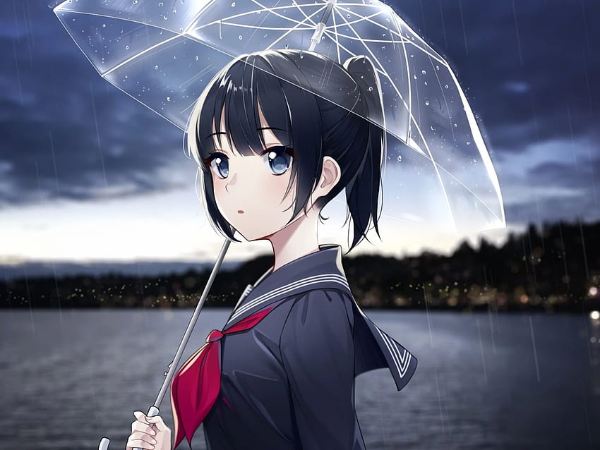 2048x1536 Anime-Mädchen, Regen, Regenschirm, schwarzes Haar, Pferdeschwanz, Profilansicht für Ainol Novo 9 Spark, Anime-Profil HD-Hintergrundbild