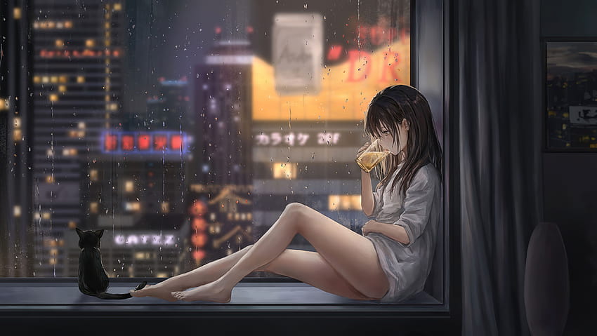 Anime Girl Cat Raining, anime, s y lluvia de anime fondo de pantalla