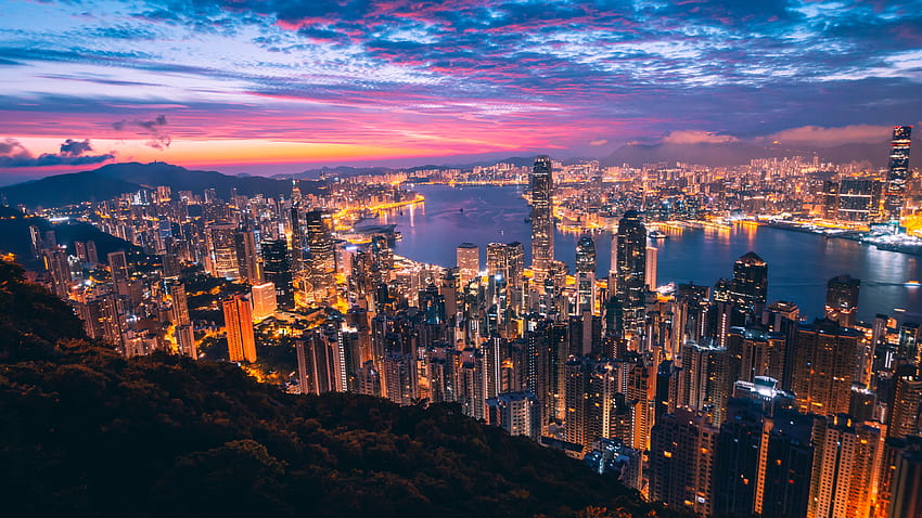 Hong Kong, Cityscape, Night, City lights, Metropolitan, Twilight, Skyline, » , Ultra Wallpaper HD