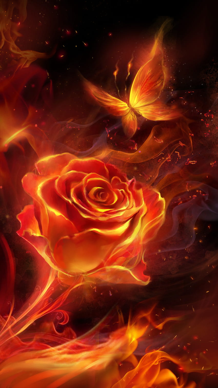 Feurige Rose und Schmetterling! Flamme lebendig, Blume in Flammen HD-Handy-Hintergrundbild