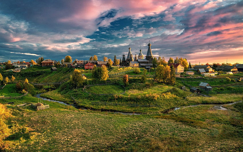 Région d'Arkhangelsk, Russie, village, arbres, herbe, automne, nuages ​​1920x1200, automne russie Fond d'écran HD