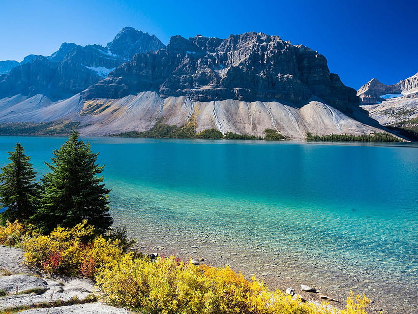 Bow Lake nell'Alberta occidentale Canada Acqua turchese Rocky Mountain Ultra: 13, costa del lago Sfondo HD