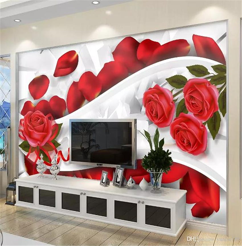 Flor 3d personalizada Romântico Pétala de rosa vermelha Sala de estar Quarto Interior Decoração de casa Pintura mural moderno De Yunlin189, $ 10,62 Papel de parede de celular HD