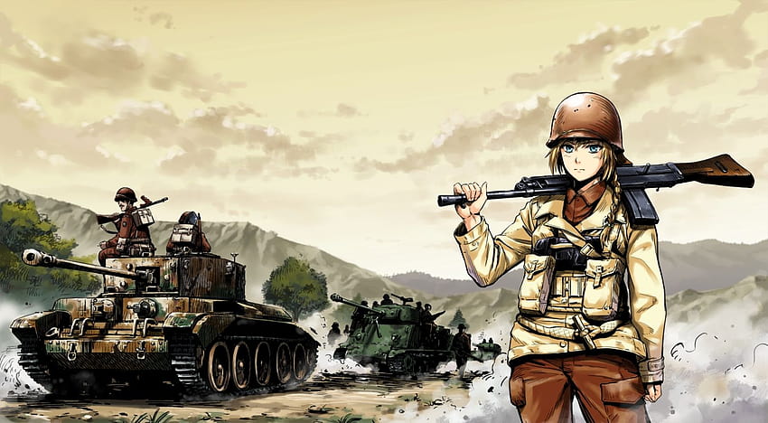 blonde hair blue eyes braids combat vehicle gun hat military, military anime HD wallpaper