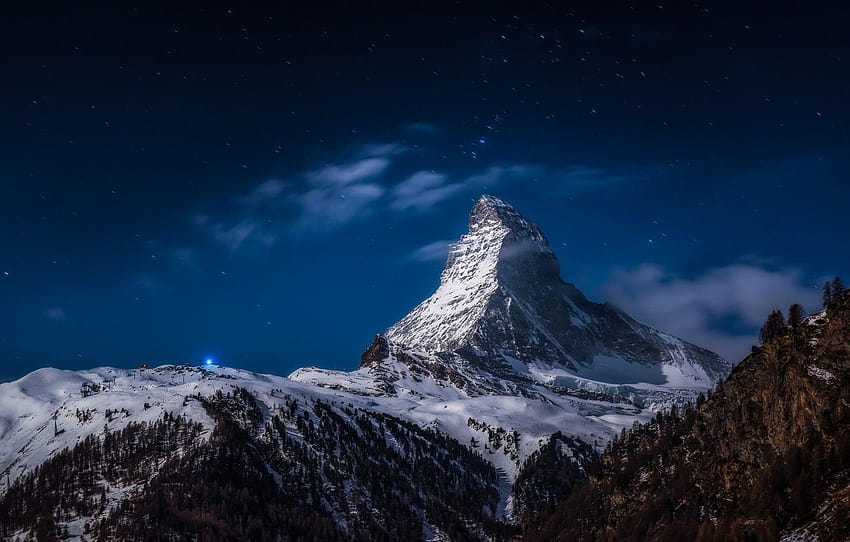 the sky, mountains, night, mountain, Alps, the, matterhorn starry sky HD wallpaper