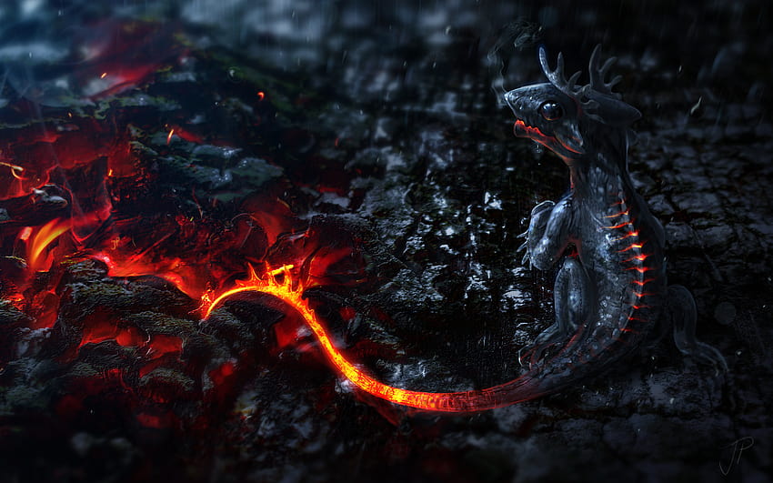 Arte de criaturas míticas Dragones pequeños Tails Fire Lava [2560x1600] para tu móvil y tableta, dragones míticos fondo de pantalla