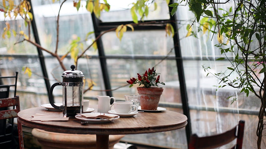 Kawiarnia, biurko, deszczowy dzień, stół, jesienny deszcz kawowy Tapeta HD