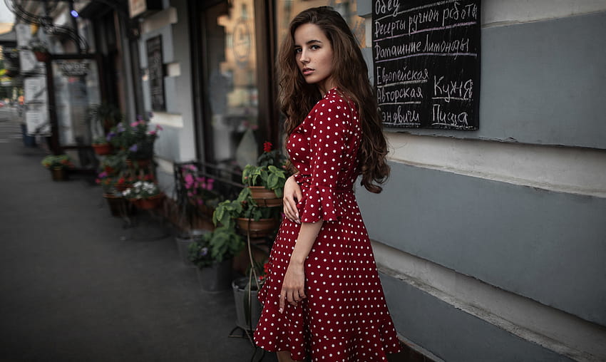Cute Girl Outdoors In Red Dotted Skirt Dress, Girls, woman red polka dot dress HD wallpaper
