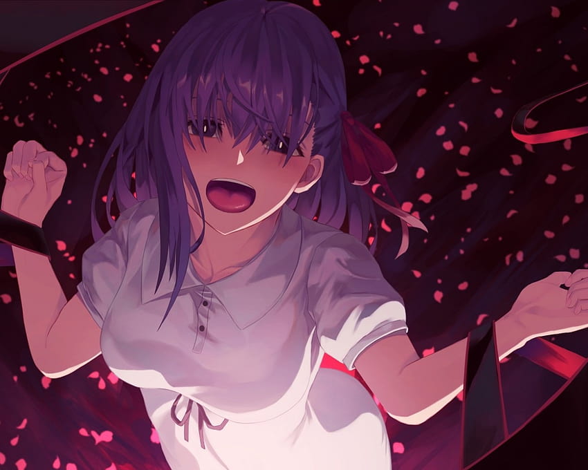 1280x1024 Matou Sakura, Fate Stay Night, Scream, Petals, Purple Hair ...