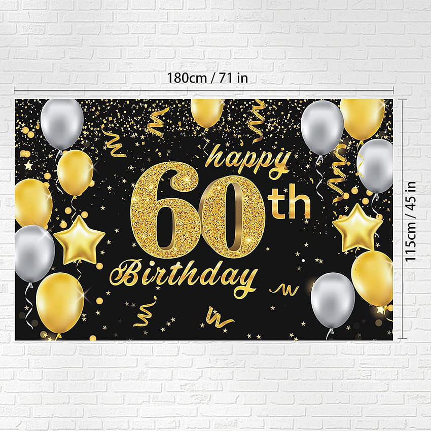 Happy 60th Birtay 背景 ラージ ファブリック ブラック ゴールド 60th Anniversary Birtay サイン バナー ブース グラフィティ 背景 ロープ付き 男女兼用 60th Birtay パーティー デコレーション 72.8 x 43.3 インチ オンライン HD電話の壁紙