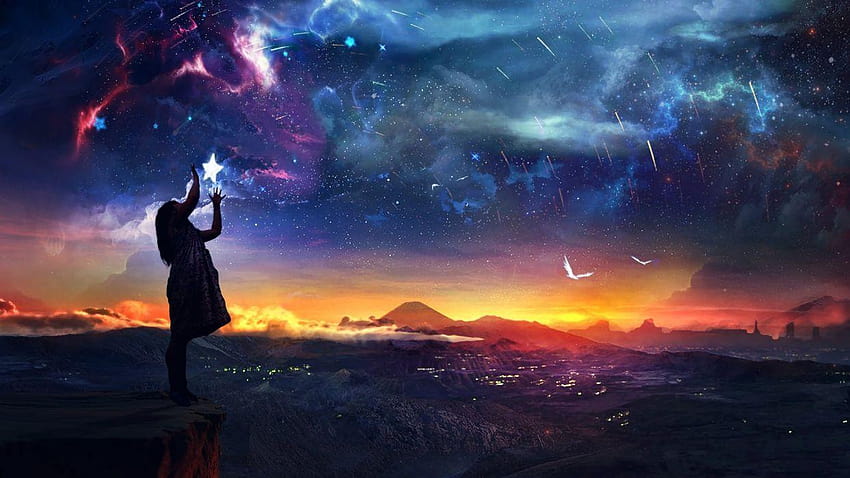 Fantasy artwork sunset sky stars birds girl, girl and sky HD wallpaper ...