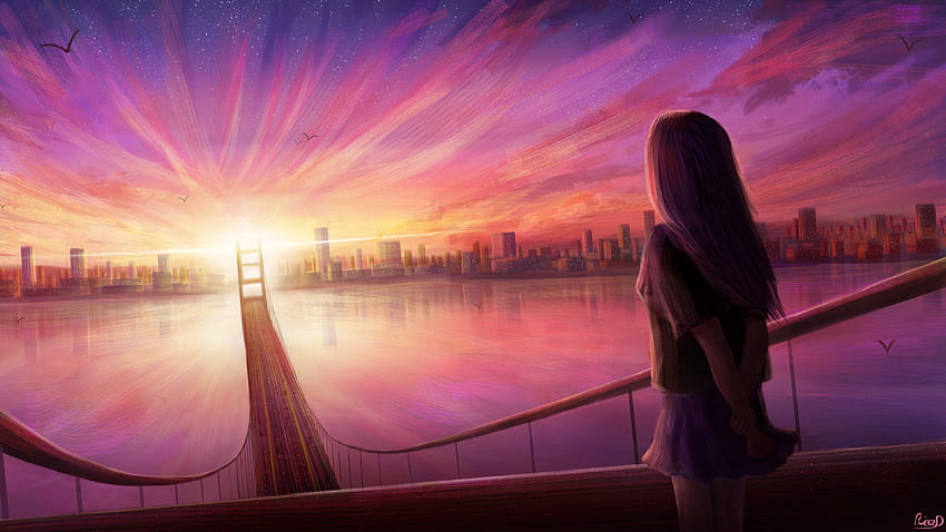 Mädchen, Traum, Rosa, Sonnenaufgang, Kunstwerk, Stadtansicht, Brücke, Illustrationszeichnung, Fantasie, Mädchenkunst HD-Hintergrundbild