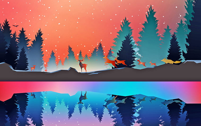 2560x1600 winter, animals, art, vector, forest, reflection 16:10 backgrounds, vector forest HD wallpaper