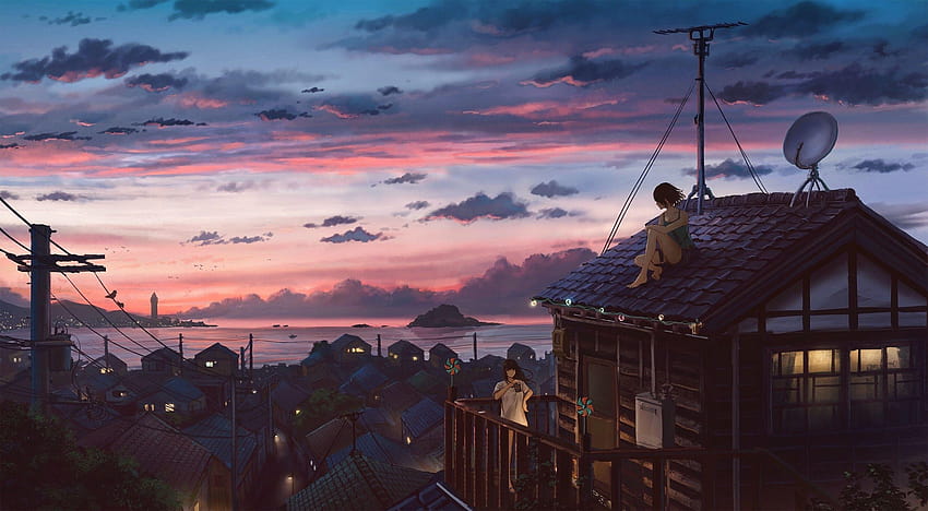 2627x1447 Zabytki na dachu Tła. Widok, anime na dachu Tapeta HD