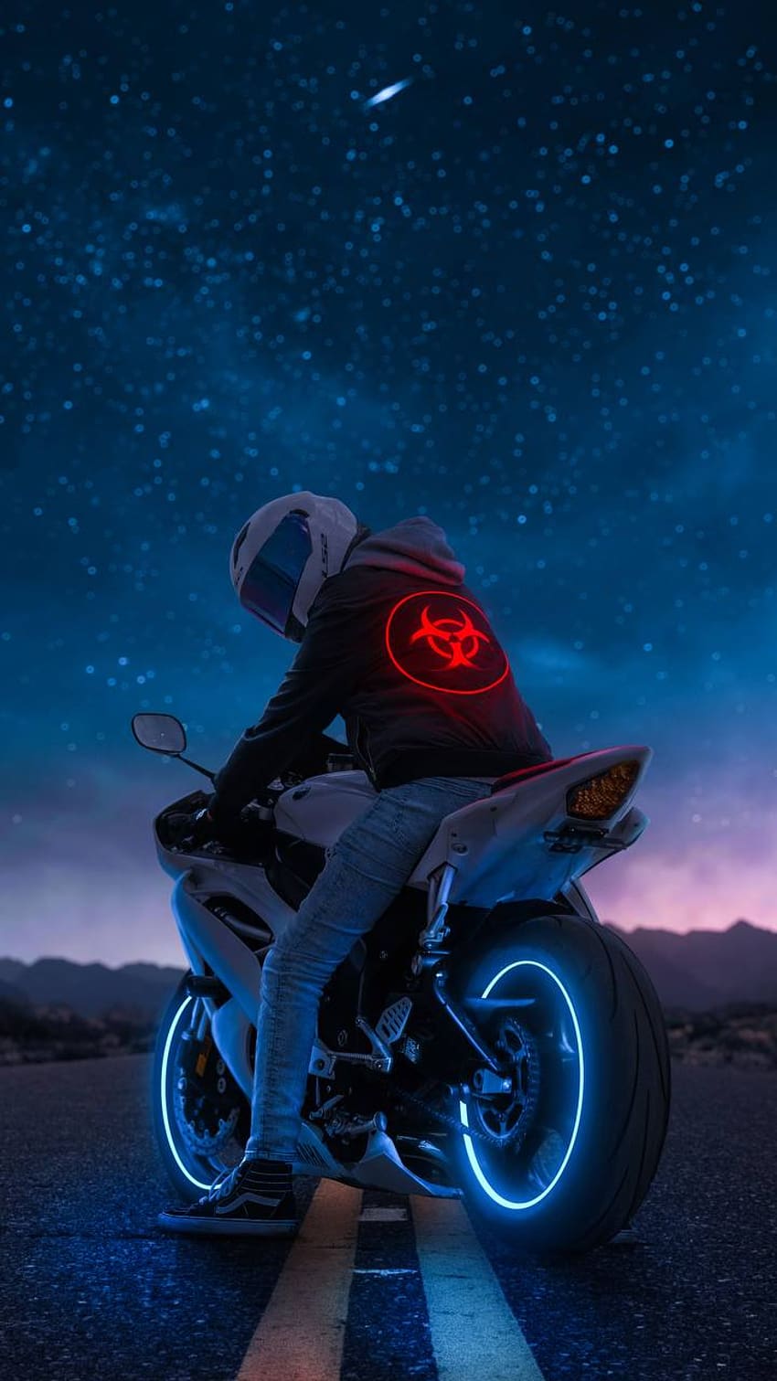 motorcycle, motorbike, helmet, night, road HD phone wallpaper